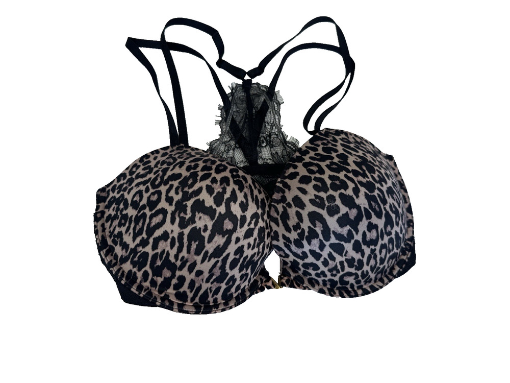Victoria's Secret Push Up Bra 38D Black Leopard Print Front Close NWOT
